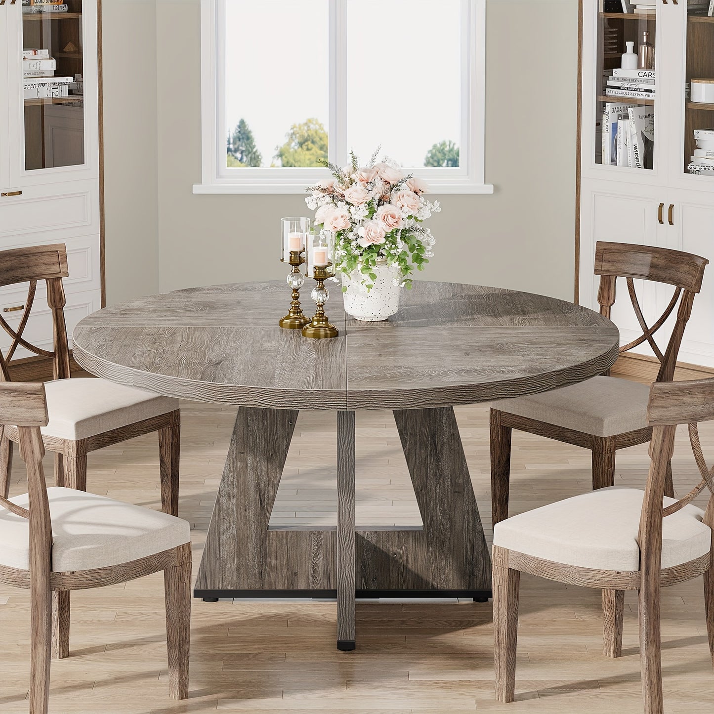 Rustic Wood Round Farmhouse Dining Table for 4