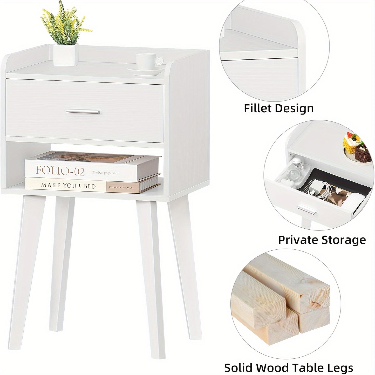 Compact Wood Nightstand with Storage Drawer.