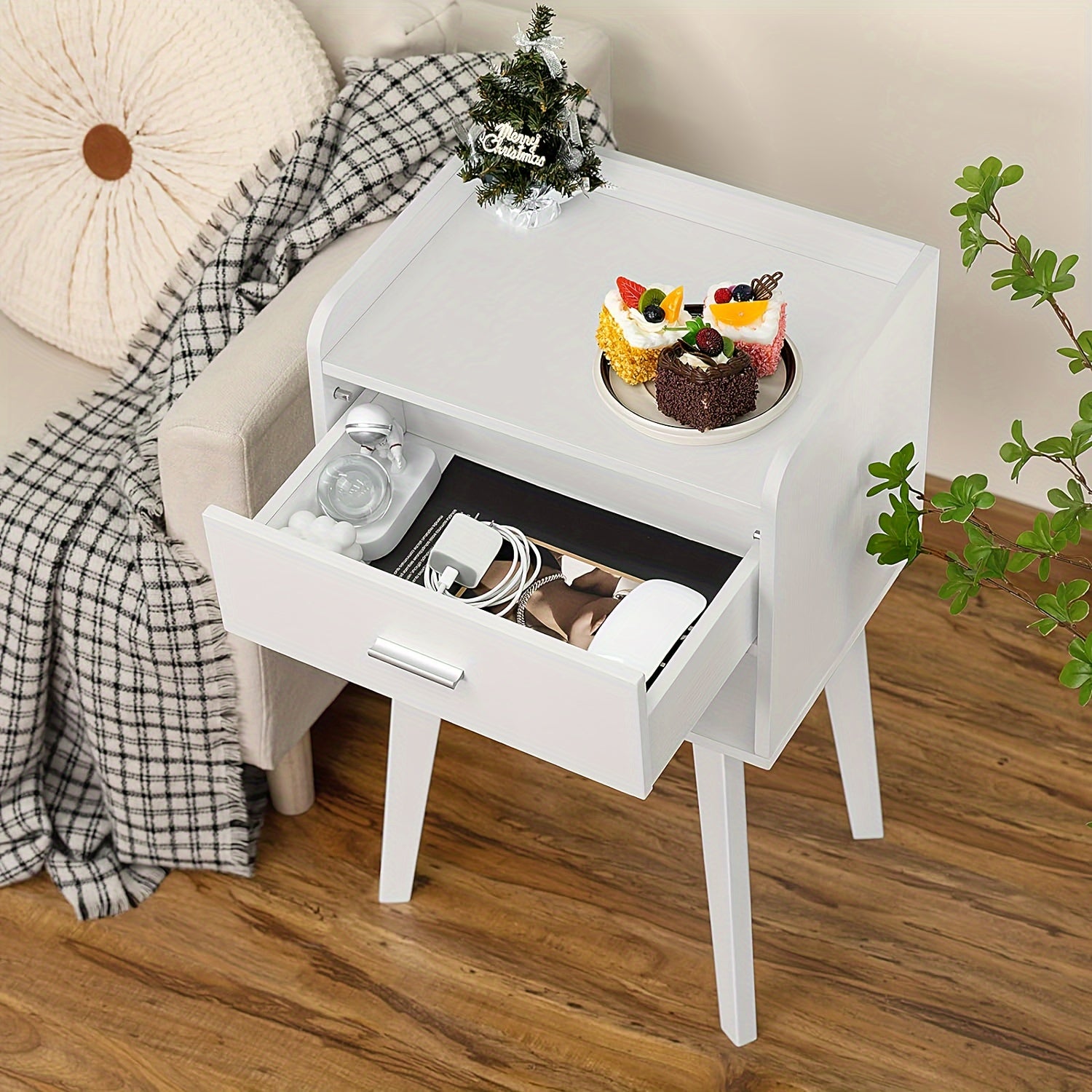 Compact Wood Nightstand with Storage Drawer.